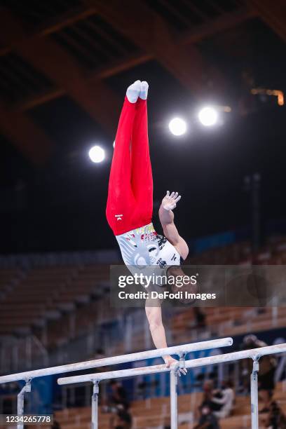 Lukas Dauser of Germany competes at the parallel Bars during Artistic Gymnastics on day five of the Tokyo 2020 Olympic Games at Ariake Gymnastics...