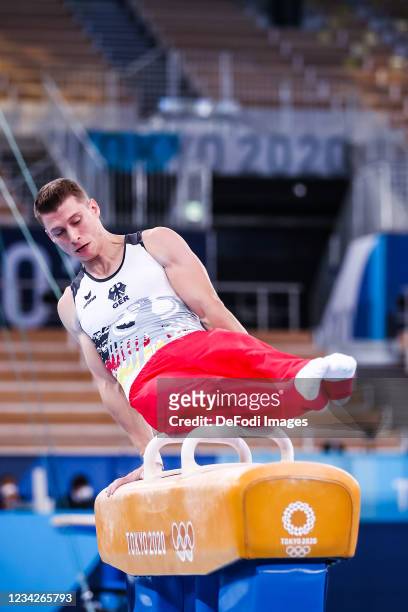 Lukas Dauser of Germany competes at the pommel horse during Artistic Gymnastics on day five of the Tokyo 2020 Olympic Games at Ariake Gymnastics...