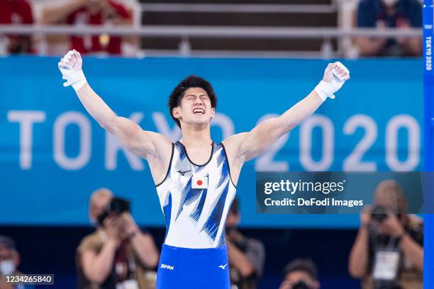 Daiki Hashimoto of Japan celebrates during Artistic Gymnastics on day five of the Tokyo 2020 Olympic Games at Ariake Gymnastics Centre on July 28,...