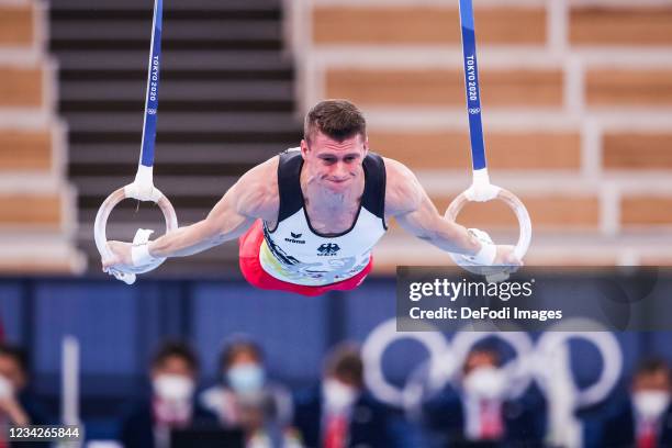 Lukas Dauser of Germany competes at the rings during Artistic Gymnastics on day five of the Tokyo 2020 Olympic Games at Ariake Gymnastics Centre on...