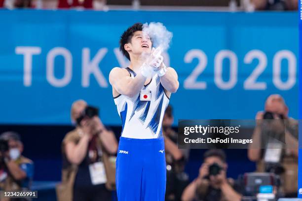 Daiki Hashimoto of Japan celebrates during Artistic Gymnastics on day five of the Tokyo 2020 Olympic Games at Ariake Gymnastics Centre on July 28,...