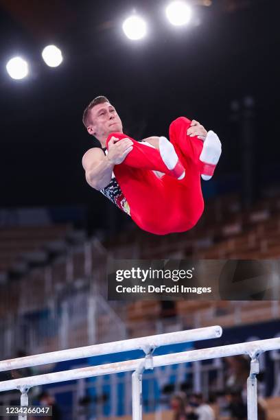 Lukas Dauser of Germany competes at the parallel Bars during Artistic Gymnastics on day five of the Tokyo 2020 Olympic Games at Ariake Gymnastics...