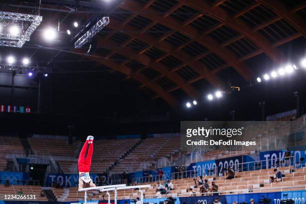 Philipp Herder of Germany competes at the parallel Bars during Artistic Gymnastics on day five of the Tokyo 2020 Olympic Games at Ariake Gymnastics...