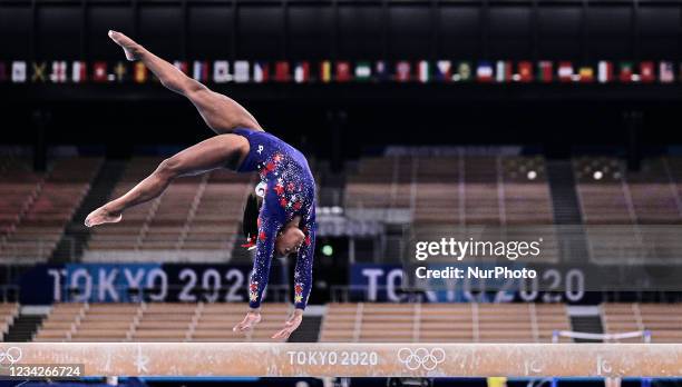 Simone Biles of United States of America during women's qualification for the Artistic Gymnastics final at the Olympics at Ariake Gymnastics Centre,...