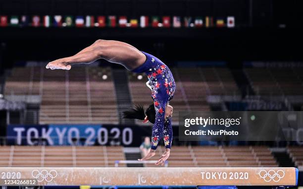 Simone Biles of United States of America during women's qualification for the Artistic Gymnastics final at the Olympics at Ariake Gymnastics Centre,...