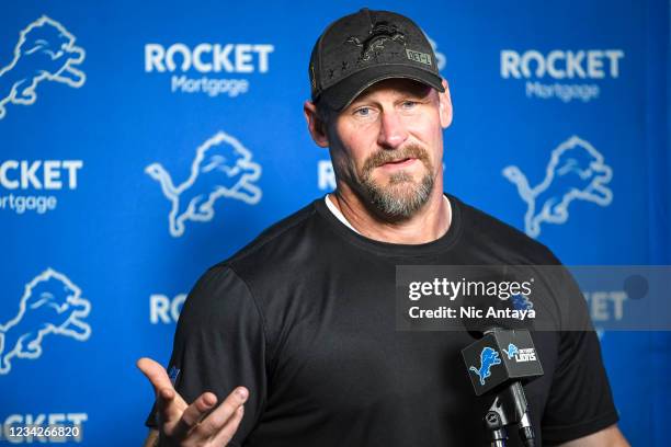 Detroit Lions head football coach Dan Campbell speaks with the media before the Detroit Lions Training Camp on July 28, 2021 in Allen Park, Michigan.