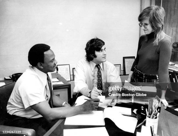 Boston, MA From left, Clarence Jeep Jones, administrator, Phil Boyle, and Barbara Steinberg at the Mayors Office of Human Rights at Boston City Hall...