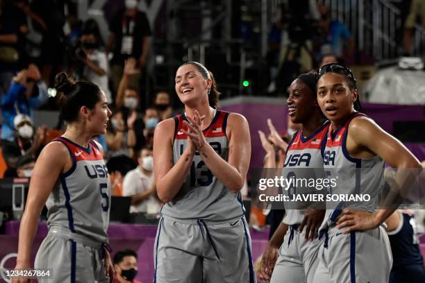 S teammates celebrate after wining at the end of the women's gold medal 3x3 basketball final match between US and Russia at the Aomi Urban Sports...