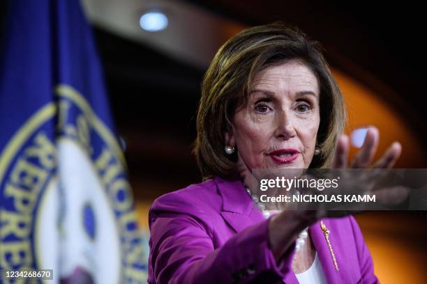 Speaker of the House, Nancy Pelosi, Democrat of California, holds her weekly press briefing on Capitol Hill in Washington, DC, on July 28, 2021.