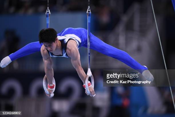 Daiki Hashimoto of Japan plays rings for Men's All-Around Artistic Gymnastics on day five of the Tokyo 2020 Olympic Games at Ariake Gymnastics Centre...