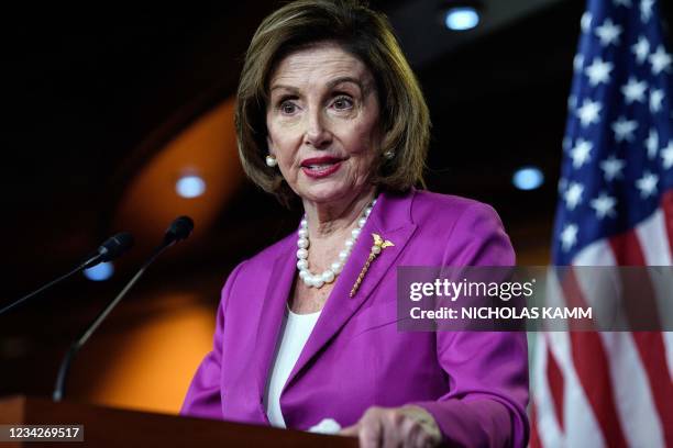 Speaker of the House, Nancy Pelosi, Democrat of California, holds her weekly press briefing on Capitol Hill in Washington, DC, on July 28, 2021.