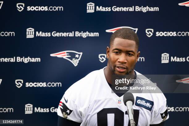 Jonnu Smith of the New England Patriots gives a post practice interview following training camp at Gillette Stadium on July 28, 2021 in Foxborough,...