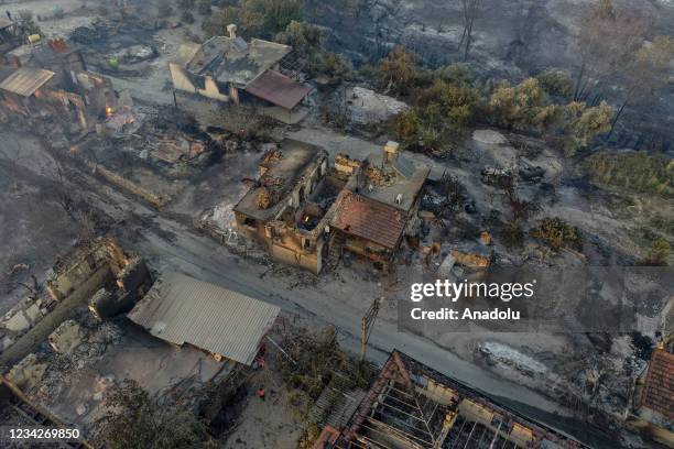 Drone photo shows an aerial view of the fire that broke out in Manavgat district of Turkey's Antalya on July 28, 2021. Ground and air support works...