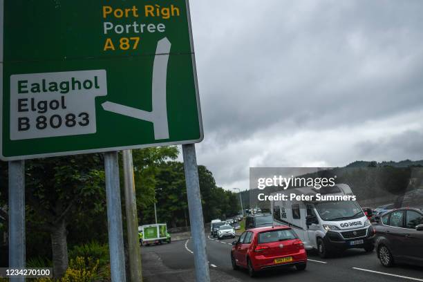 Cars are seen in a traffic jam on July 27, 2021 in Broadford, Scotland. Skye and Raasay attracted 650,000 visitors in pre-covid 2019 with a combined...