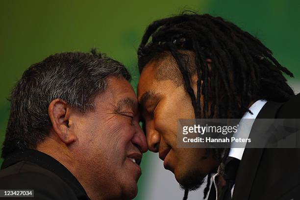Ma'a Nonu receives a traditional Maori hongi during the official IRB Rugby World Cup 2011 New Zealand All Blacks team welcome ceremony at Aotea...