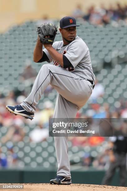 Wily Peralta of the Detroit Tigers delivers a pitch against the Minnesota Twins in the first inning of the game at Target Field on July 28, 2021 in...