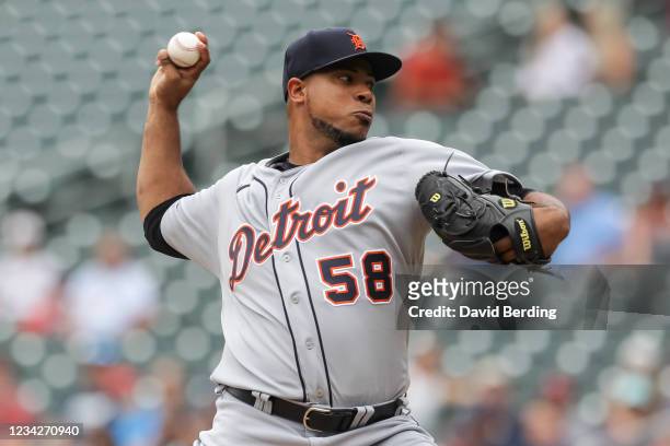 Wily Peralta of the Detroit Tigers delivers a pitch against the Minnesota Twins in the first inning of the game at Target Field on July 28, 2021 in...