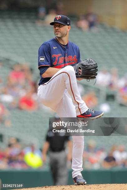 Happ of the Minnesota Twins delivers a pitch against the Detroit Tigers in the third inning of the game at Target Field on July 28, 2021 in...