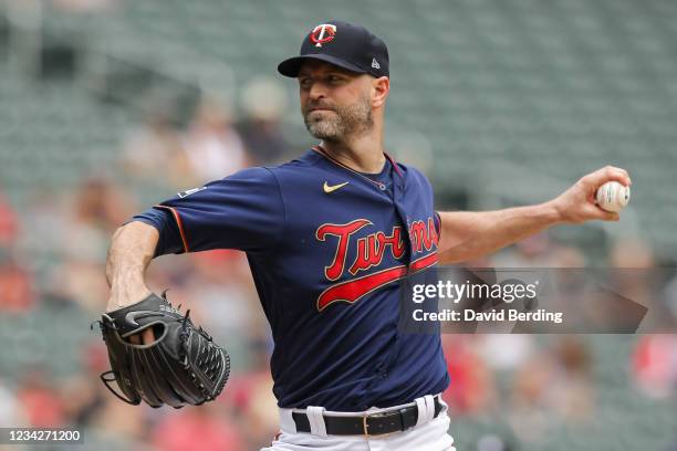 Happ of the Minnesota Twins delivers a pitch against the Detroit Tigers in the third inning of the game at Target Field on July 28, 2021 in...