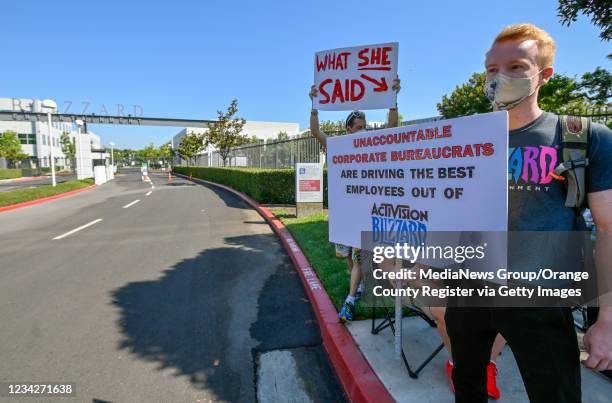 Blizzard Entertainment employees and supporters protest for better working conditions in Irvine, CA, on Wednesday, July 28, 2021.