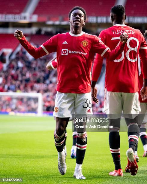 Anthony Elanga of Manchester United celebrates scoring a goal to make the score 1-0 during the pre-season friendly match between Manchester United...