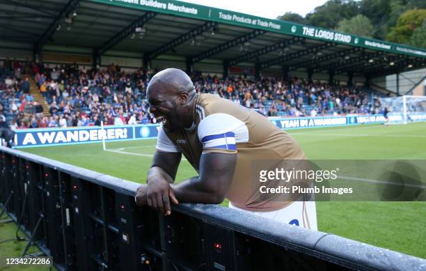 Adebayo Akinfenwa of Wycombe Wanderers during The Pre-Season Friendly between Wycombe Wanderers and Leicester City at Adams Park on July 28, 2021 in...