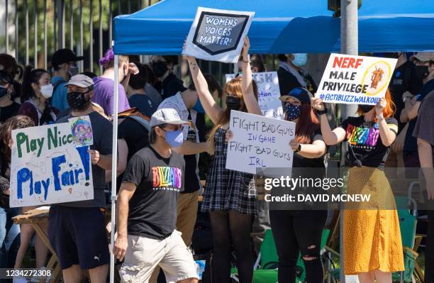 Employees of the video game company, Activision Blizzard, hold a walkout and protest rally to denounce the companys response to a California...