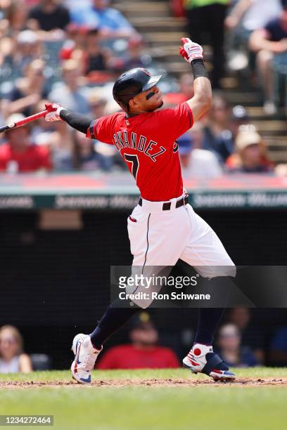 Cesar Hernandez of the Cleveland Indians hits a two run home run off Kwang Hyun Kim of the St. Louis Cardinals during the third inning at Progressive...