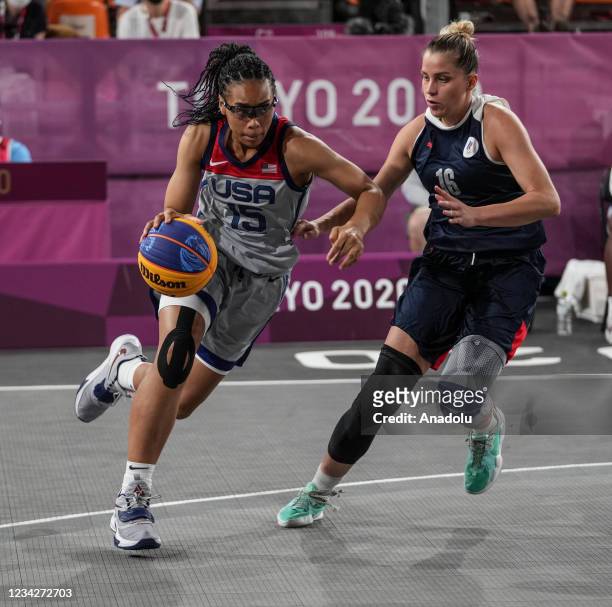 Allisha Gray of United States competes with Evgeniia Frolkina of Russian Olympic Committee during the 3x3 Basketball Women's Gold Medal Game between...