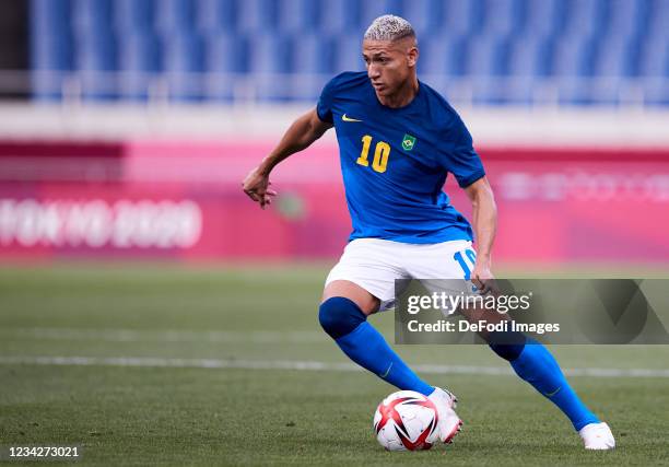 Richarlison of Brazil controls the ball during the Men's Group D match between Saudi Arabia and Brazil on day five of the Tokyo 2020 Olympic Games at...