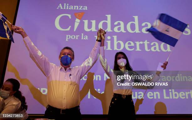 Oscar Sobalvarro, former head of the Nicaraguan Resistance, and Berenice Quezada, miss Nicaragua 2017, presidential candidate and running mate for...
