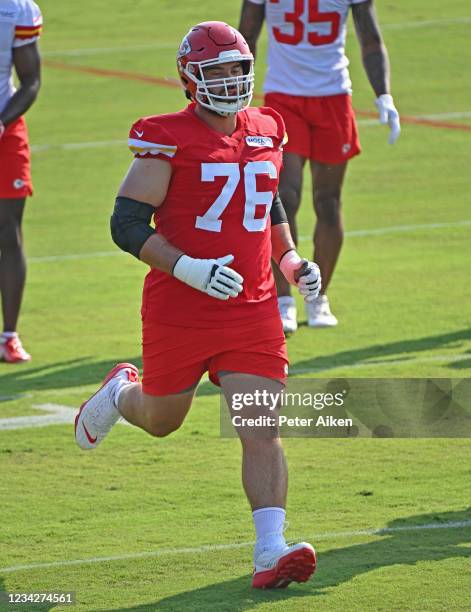 Offensive guard Laurent Duvernay-Tardif of the Kansas City Chiefs runs up field during training camp at Missouri Western State University on July 28,...