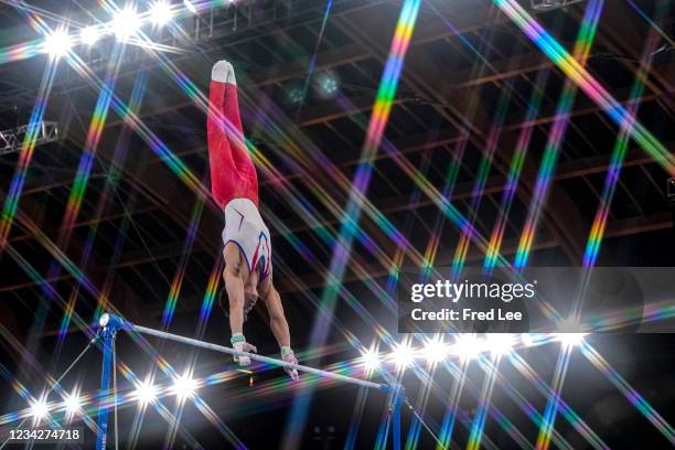 Artur Dalaloyan of Team Russian Olympic Committee competes competes on parallel bars during the Men's All-Around Final on day five of the Tokyo 2020...