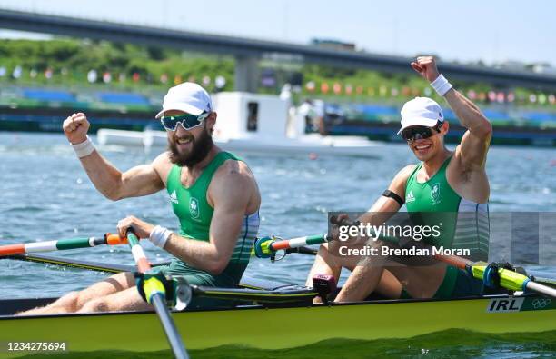 Tokyo , Japan - 29 July 2021; Paul O'Donovan, left, and Fintan McCarthy of Ireland celebrate after winning the Men's Lightweight Double Sculls final...