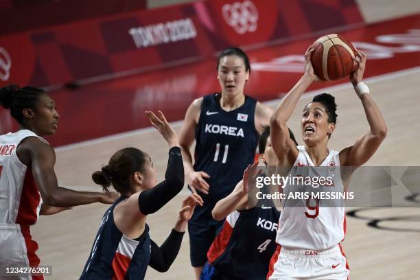 Canada's Miranda Ayim goes to the basket past South Korea's Yoon Yebin in the women's preliminary round group A basketball match between South Korea...