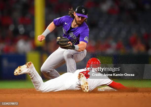 Jose Iglesias of the Los Angeles Angels is tagged out by Brendan Rodgers of the Colorado Rockies at second base as he is caught stealing in the...