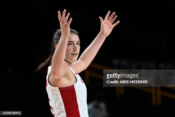 Canada's Bridget Carleton gestures during the women's preliminary round group A basketball match between South Korea and Canada of the Tokyo 2020...