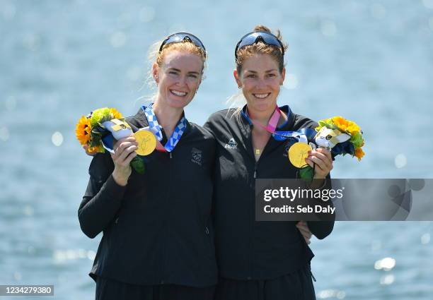 Tokyo , Japan - 29 July 2021; Grace Prendergast, left, and Kerri Gowler of New Zealand celebrate with their gold medals after winning the Women's...