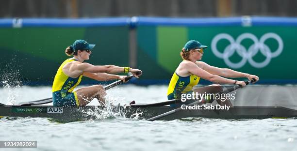 Tokyo , Japan - 29 July 2021; Jessia Morrison, left, and Annabelle McIntyre of Australia on their way to winning the Women's Pair final B at the Sea...
