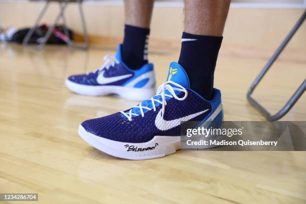 View of the sneakers worn by Devin Booker of the USA Men's National Team prior to practice as part of the 2020 Tokyo Olympics on July 29, 2021 in...