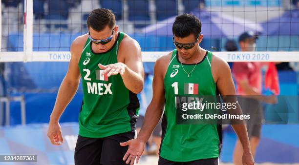 Jose Luis Rubio of Mexico and Josue Gaxiola of Mexico celebrate after winning a point during the Men's Beachvolleyball Preliminary - Pool B Match...