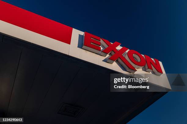 Signage at an Exxon Mobil gas station in El Cerrito, California, U.S., on Tuesday, July 27, 2021. Exxon Mobil Corp. Is expected to release earnings...