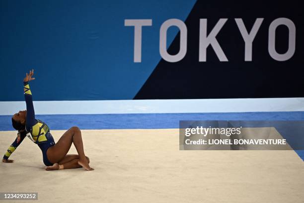 Brazil's Rebeca Andrade competes in the floor event of the artistic gymnastics women's all-around final during the Tokyo 2020 Olympic Games at the...