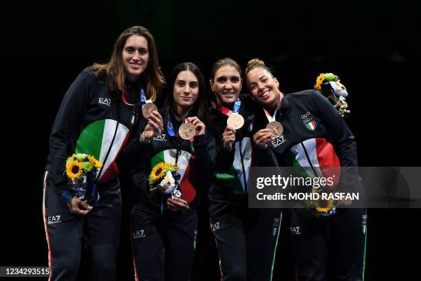 Bronze medallist Italy's fencer team Italy's Erica Cipressa, Italy's Arianna Errigo, Italy's Martina Batini and Italy's Alice Volpi celebrate on...