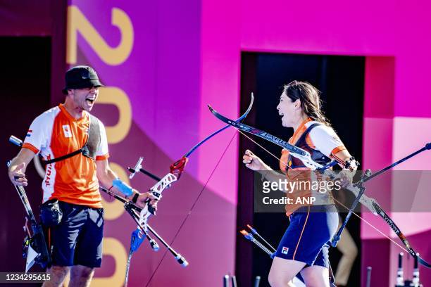 Gabriela Schloesser and Steve Wijler in action during the mixed archery at the Olympic Games against Turkey in the semifinals and win. The Dutch...