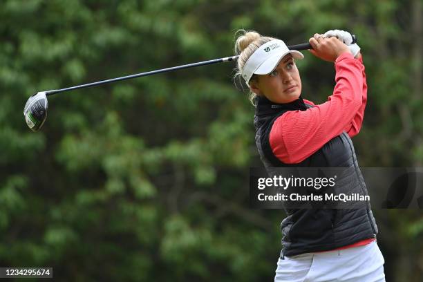 Amy Boulden of Wales tees off during the first round of The ISPS HANDA World Invitational at Galgorm Spa & Golf Resort on July 29, 2021 in Ballymena,...