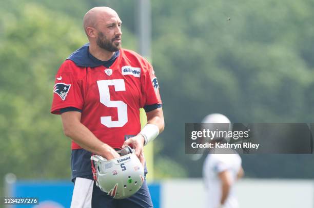 Brian Hoyer of the New England Patriots during training camp at Gillette Stadium on July 29, 2021 in Foxborough, Massachusetts.