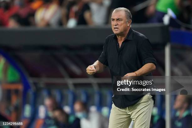 Coach Fatih Terim of Galatasaray during the UEFA Champions League match between Galatasaray v PSV at the Turk Telekom Stadium on July 28, 2021 in...