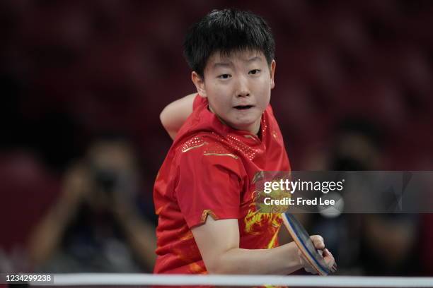 Sun Yingsha of Team China in action during her Women's Singles Gold Medal match on day six of the Tokyo 2020 Olympic Games at Tokyo Metropolitan...