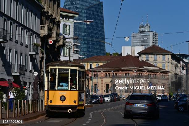 Picture taken in the Porta Nuova neighborhood on July 29, 2021 shows a typical old Milan tram.